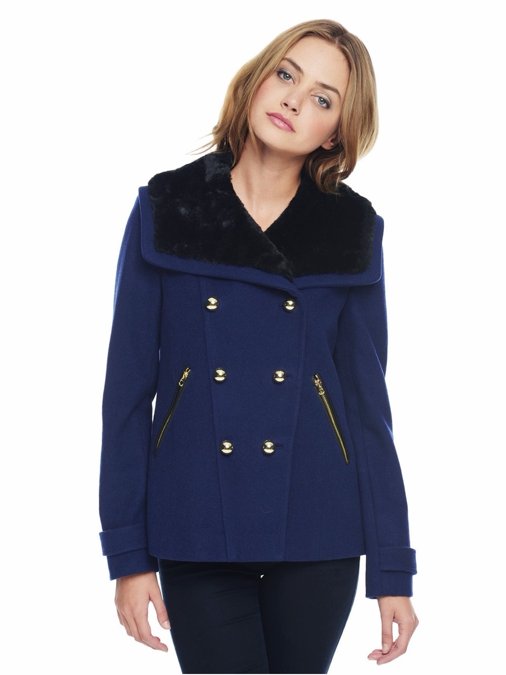 Navy Double-Breasted Peacoat with Faux Fur Collar